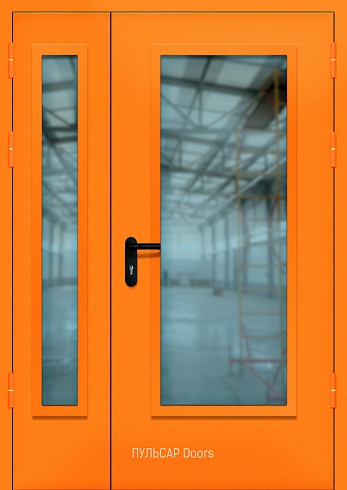 Огнеупорная полуторостворчатая дверь RAL-2011 без порога с прямоугольным стеклом – купить, заказать по выгодной цене от 39000 руб.