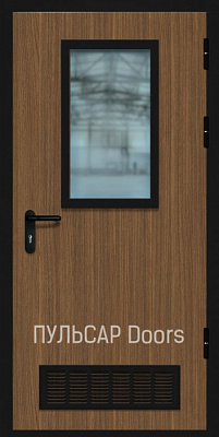 Остекленная противопожарная дверь металлическая из МДФ Лиственница Каппучино с решеткой