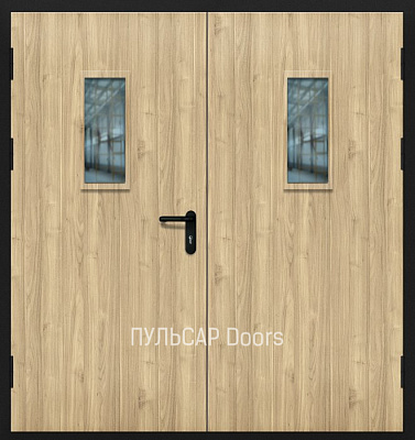 Остекленная противопожарная дверь деревянная серии «Бюджет» двупольная из МДФ