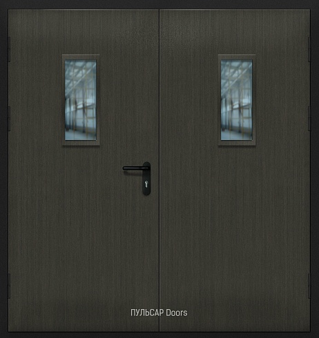 Противопожарная дверь со стеклом деревянная двупольная серии «Бюджет» с покрытием из МДФ