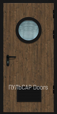 Звукоизоляционная дверь EI60 42Rw для гостиниц с МДФ SmokeWood Bois-Fum со стеклом и решеткой