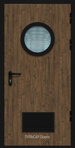 Звукоизоляционная дверь EI60 42Rw для гостиниц с МДФ SmokeWood Bois-Fum со стеклом и решеткой
