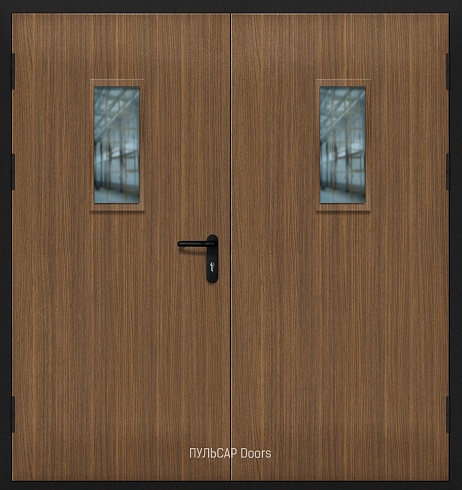 Остекленная противопожарная дверь двухстворчатая деревянная из мдф серии "Бюджет"
